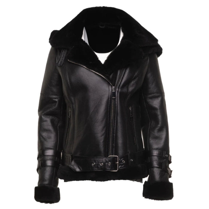 Hestira Black Leather Biker Shearling Aviator Bomber Jacket