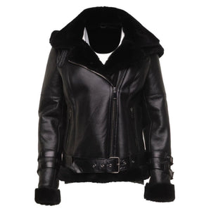 Hestira Black Leather Biker Shearling Aviator Bomber Jacket