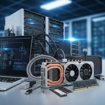 Computer hardware components including a laptop, graphics card, and RAM on a desk with a blurred server room background.