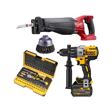 Set of power tools including a reciprocating saw, drill, and impact wrench on a white background