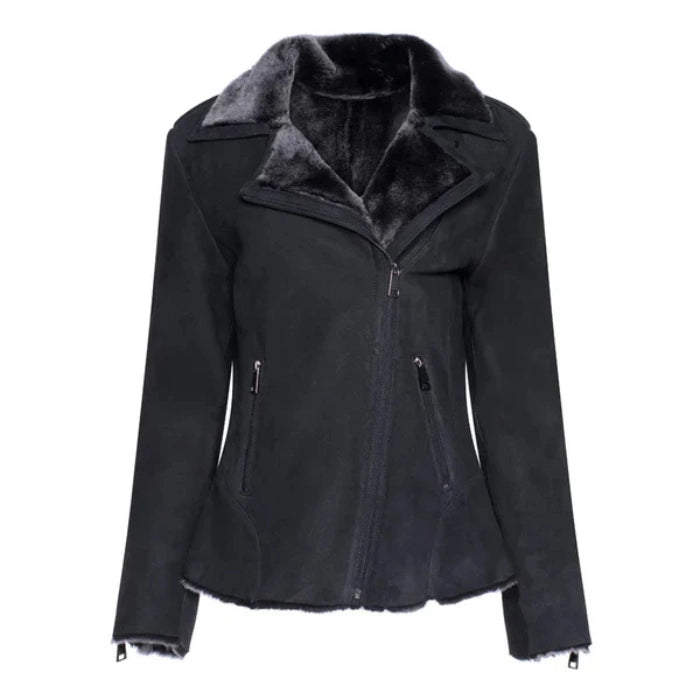 Inkoryn Black Shearling Straight Moto Leather Jacket