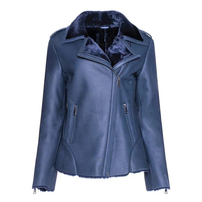 Inkoryn Blue Shearling Straight Moto Leather Jacket