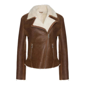 Inkoryn Brown Shearling Straight Moto Leather Jacket