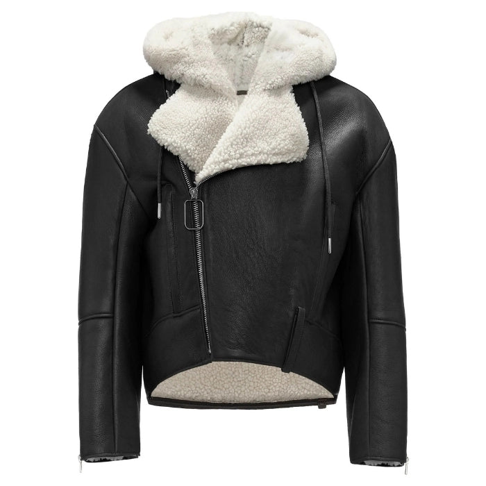 Ivenza Hooded Fur Shearling Leather Biker Jacket