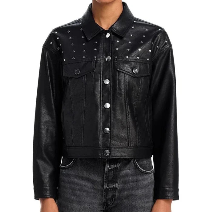 Kora Bold Studded Black Leather Jacket