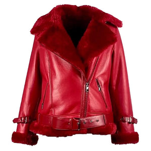 Korell Red Sheepskin Shearling Bomber Jacket