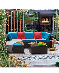 Lacoo 5 Pieces Patio Sectional Set Pe Rattan All-Weather Conversation Set With Table Blue 83³ L X 55³ W X 25³ H