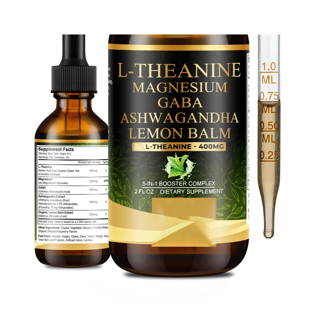 L Theanine 400mg Liquid Drops, L-Theanine Supplement for Adults & Kids with GABA, Magnesium & Ashwagandha, Natural Sleep, Focus & Relaxation Support, Vegan, Alcohol-Free, Non-GMO, 2 FL OZ