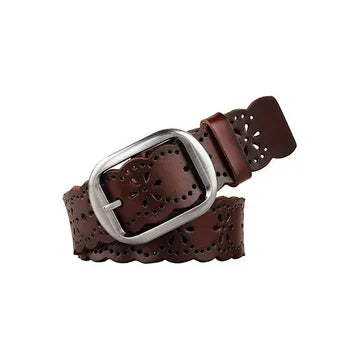 Brown leather belt with silver buckle on a white background