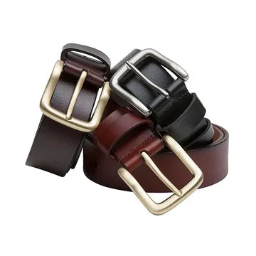 Three leather belts with different colored buckles on a white background