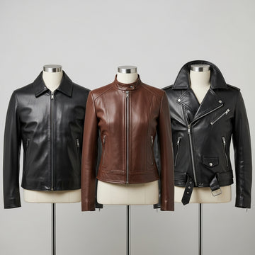 Three leather jackets on mannequins against a gray background