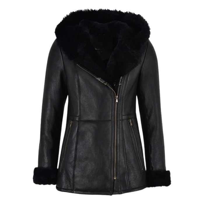 Luxella Women’s Hood Shearling Fur Collar Jacket - Black Fur