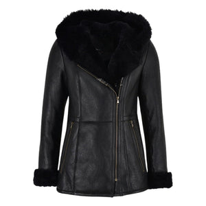 Luxella Women’s Hood Shearling Fur Collar Jacket - Black Fur