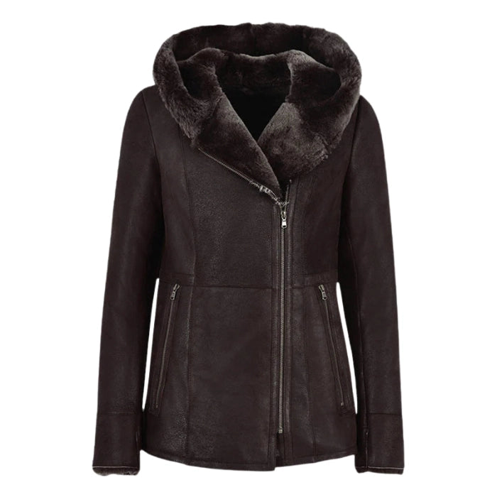 Luxella Women’s Hood Shearling Fur Collar Jacket - Dark Brown