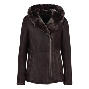Luxella Women’s Hood Shearling Fur Collar Jacket - Dark Brown