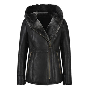 Luxella Women’s Hood Shearling Fur Collar Jacket - Black
