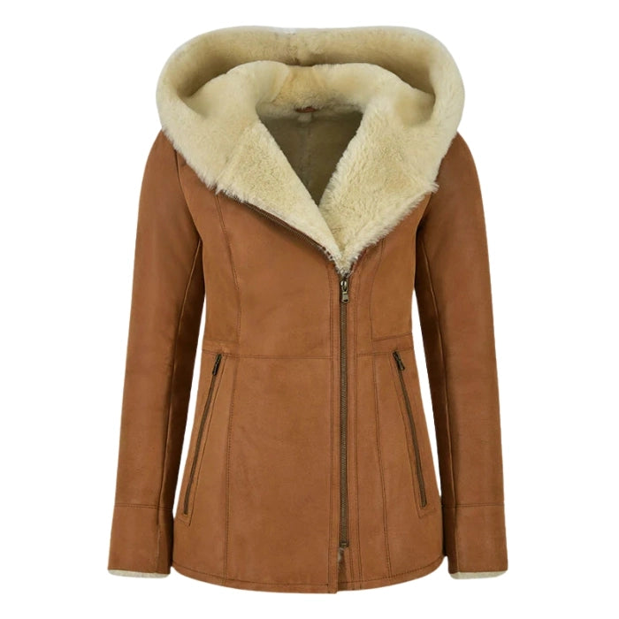 Luxella Women’s Hood Shearling Fur Collar Jacket - Tan
