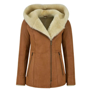 Luxella Women’s Hood Shearling Fur Collar Jacket - Tan