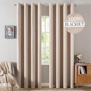 MIULEE 100% Blackout Linen Textured Curtains for Bedroom Solid Thermal Insulated Natural Beige Grommet Room Darkening Curtains & Drapes Luxury Decor for Living Room Nursery 52 x 84 Inch (2 Panels)