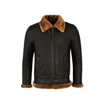 Black leather jacket with brown fur collar and cuffs on a white background