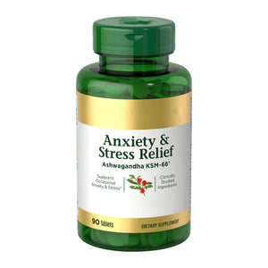 Nature's Bounty Stress Relief, Ashwagandha KSM-66, Supports Occasional Stress Relief, Dietary Supplement, 2 Tablets per Day, Vegetarian Tablets, Gluten Free, 90 Ct