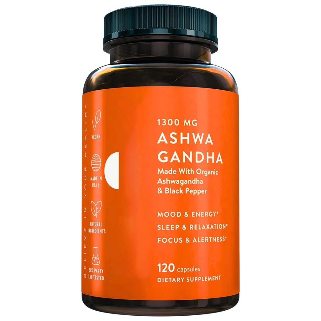 NutriRise Organic Ashwagandha Root Capsules with Black Pepper, 1300mg, Natural Stress & Mood, Thyroid, and Immune Support Supplement, Clarity, Focus & Energy, Gluten Free, 120 Count