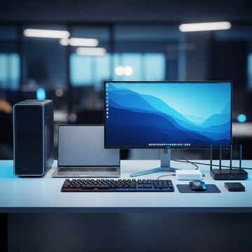 Computer setup with monitor, keyboard, and mouse on a desk in an office setting