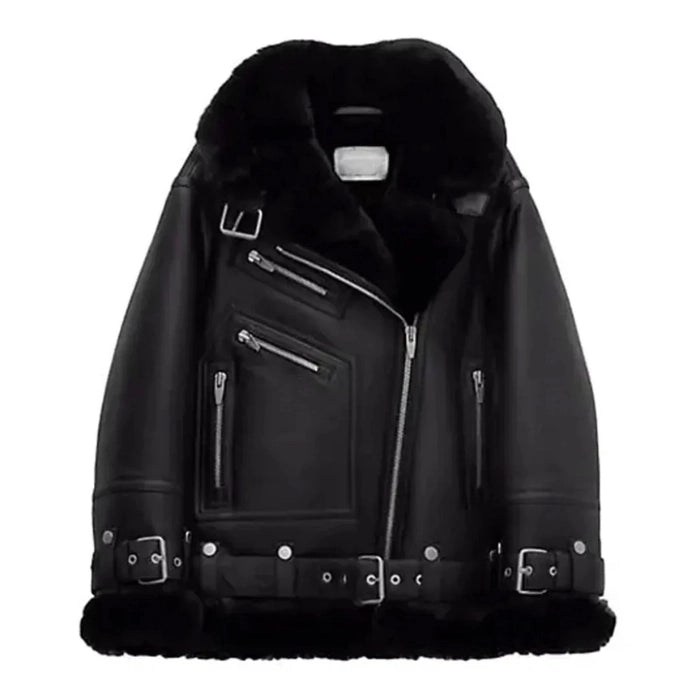 Olivyn Notch Collar Shearling Moto Leather Jacket
