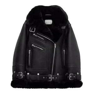 Olivyn Notch Collar Shearling Moto Leather Jacket