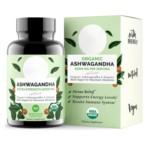 Organic Ashwagandha Capsules 2100mg – Stress Relief Supplement – Extra Strength, 100% Herbal, Energy, Mood & Cortisol Manager, Includes Black Pepper for High Absorption – Non-GMO, 90 Ct?