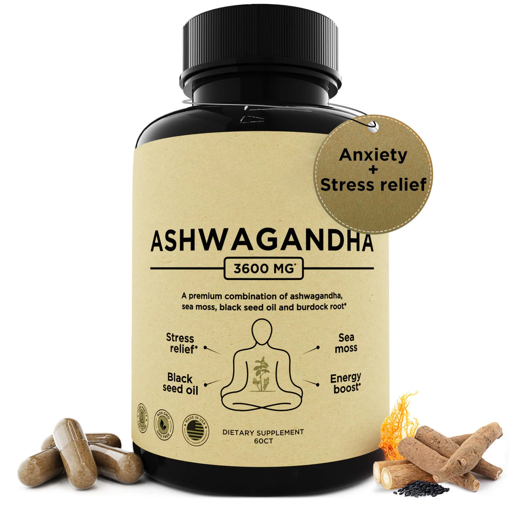 Organic Ashwagandha Root & Irish Sea Moss – 3,600 mg Ashwagandha Supplement with Black Seed Oil, & Burdock Root – Herbal Supplement for Energy, Extra Strength, 60 Caps
