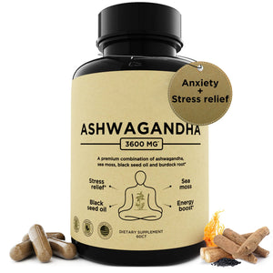 Organic Ashwagandha Root & Irish Sea Moss – 3,600 mg Ashwagandha Supplement with Black Seed Oil, & Burdock Root – Herbal Supplement for Energy, Extra Strength, 60 Caps