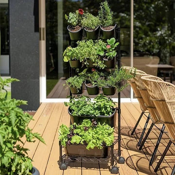 Multi-tiered plant stand with various potted plants on a wooden deck.