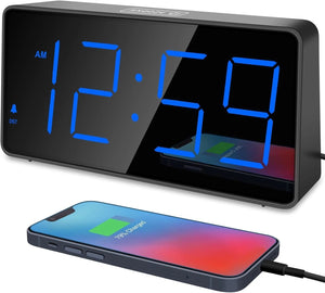 Peakeep Digital Alarm Clock for Bedroom Bedside, Loud Alarm Clock for Heavy Sleepers, Large Big LED Numbers for Seniors, Battery Backup Plug in Electric Clock with USB Charger (Blue)