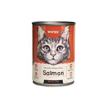 Can of Wanpy cat food with a cat's face on the label against a white background