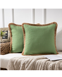 Phantoscope Linen Tassel Trimmed Farmhouse Series Decorative Throw Pillow, 18³ X 18³, Green, 2 Pack