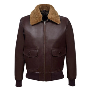 Ravclif Bomber Leather Jacket Natural Fur Collar Brown