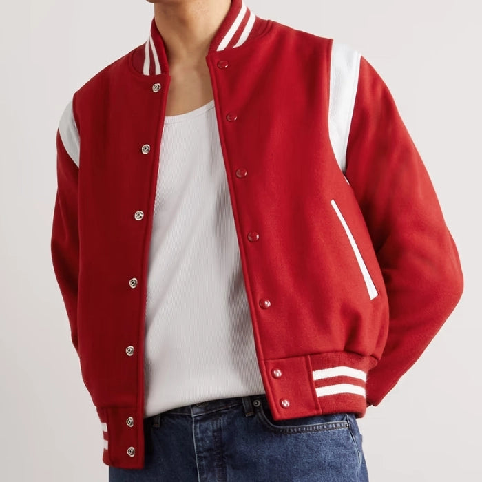 Fulton Red Wool Varsity Jacket with Leather Accents