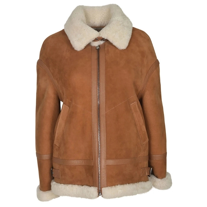 Rinaya Women's Shearling Trimmed Bomber Leather Jacket