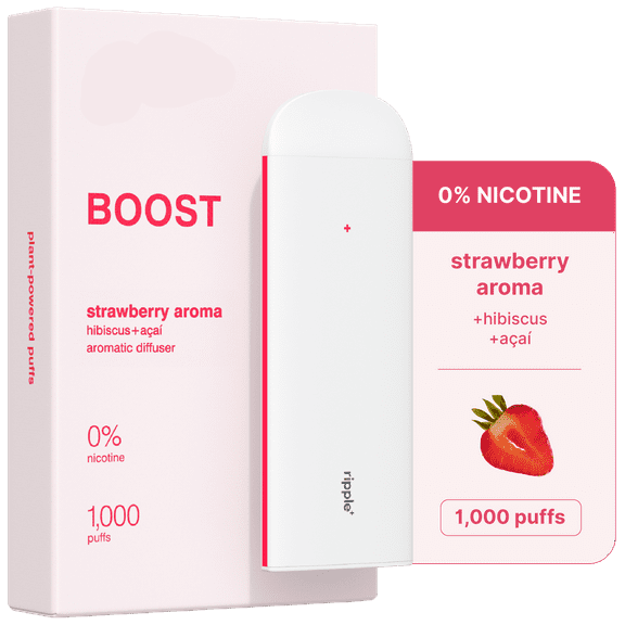 Ripple+ Boost strawberry aroma diffuser packaging on a green background