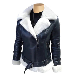 Ryselle Sheepskin Black and White Biker Shearling Jacket