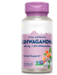 SOLARAY Vital Extracts Ashwagandha 470mg - Powerful Adaptogen - Ashwagandha Supplements w/ 7mg Withanolides, Wellness Support, Vegan, Non-GMO, Lab Verified, 60-Day Guarantee, 60 Servings, 60 VegCaps
