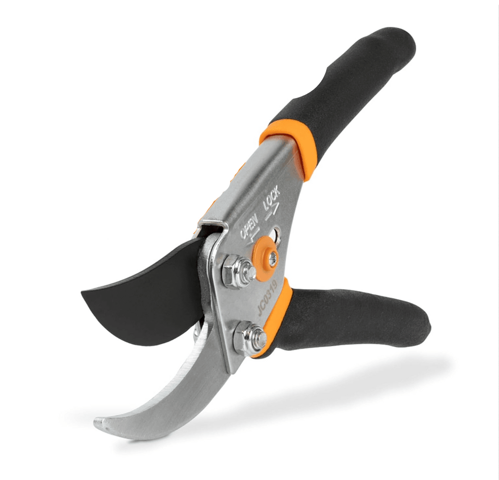 Gardening shears with black and orange handles and a lifetime warranty badge on a white background