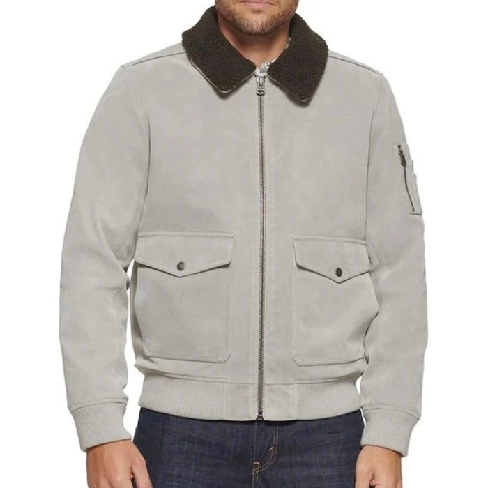 Men's Suede Leather Fur Collar Bomber Jacket