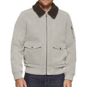 Men's Suede Leather Fur Collar Bomber Jacket