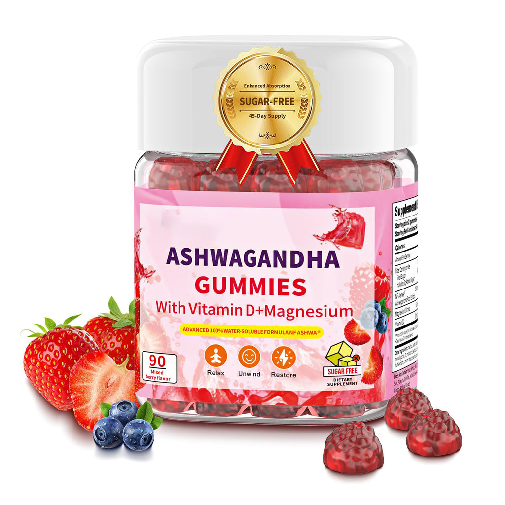 Sugar-Free Vegan Ashwagandha Gummies 90 Count - Water-Soluble Root Extract with Vitamin D & Magnesium for Women & Men - Lower Cortisol, Reduce Stress, Improve Sleep & Mood, Mixed Berry Flavor
