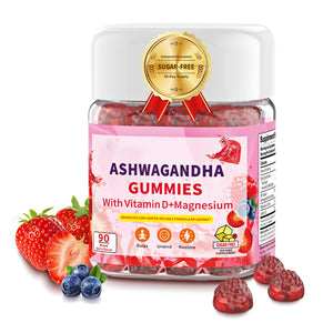 Sugar-Free Vegan Ashwagandha Gummies 90 Count - Water-Soluble Root Extract with Vitamin D & Magnesium for Women & Men - Lower Cortisol, Reduce Stress, Improve Sleep & Mood, Mixed Berry Flavor