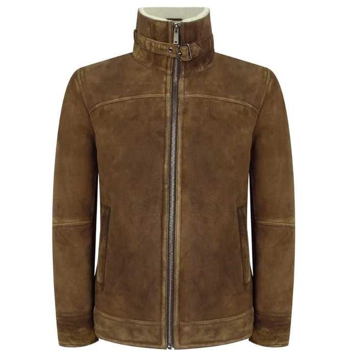 Men's Tan-Brown Shearling Suede Leather Jacket