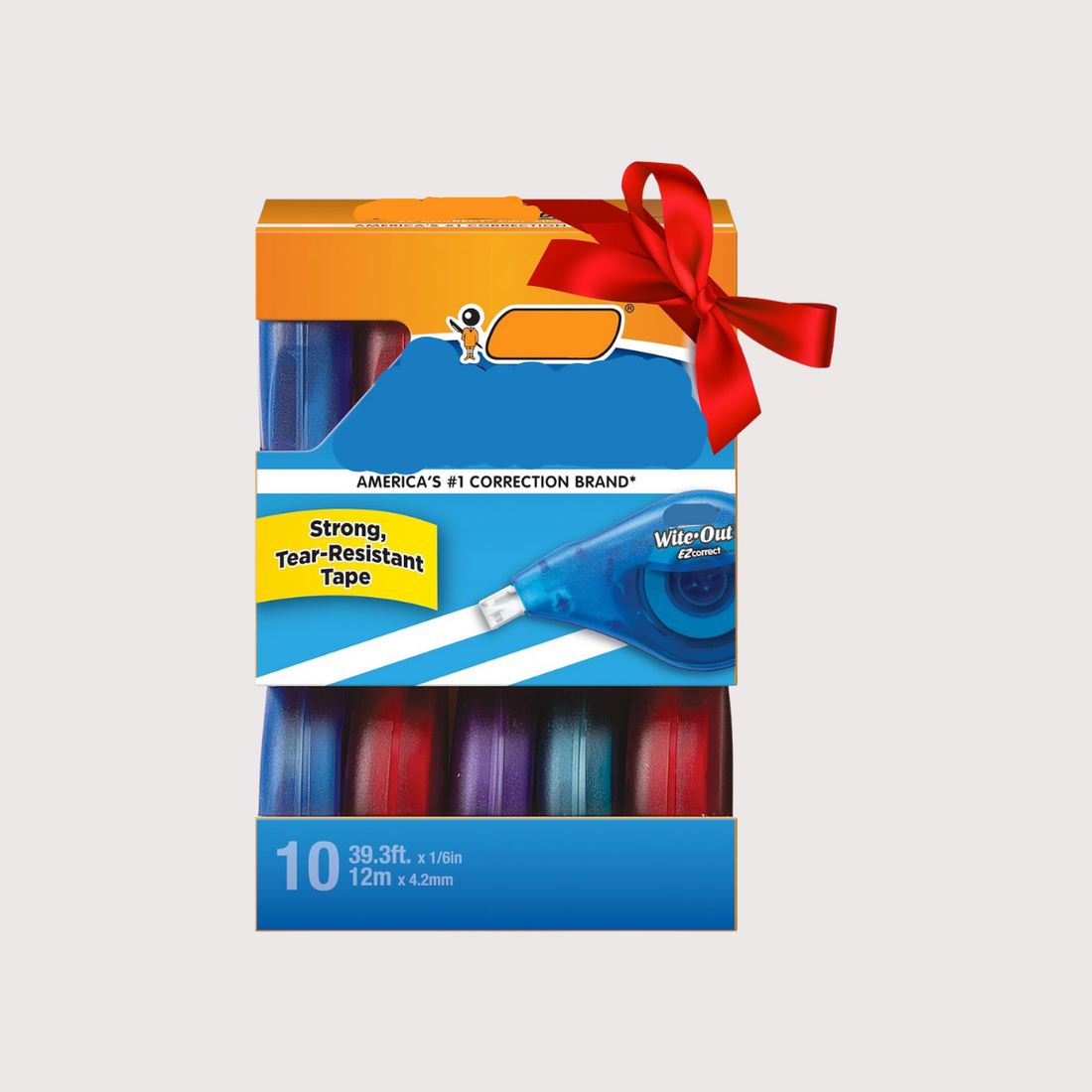BIC Wite-Out correction tape pack with a red bow on a white background