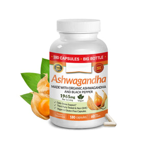 UDAF Verified Organic Ashwagandha with Black Pepper | 1965mg | Extra Strength for Stress, Sleep, Mood, Thyroid, Focus, Hair Vegan Pure Root Extract Powder Supplement for Men and Women | 180 Capsules